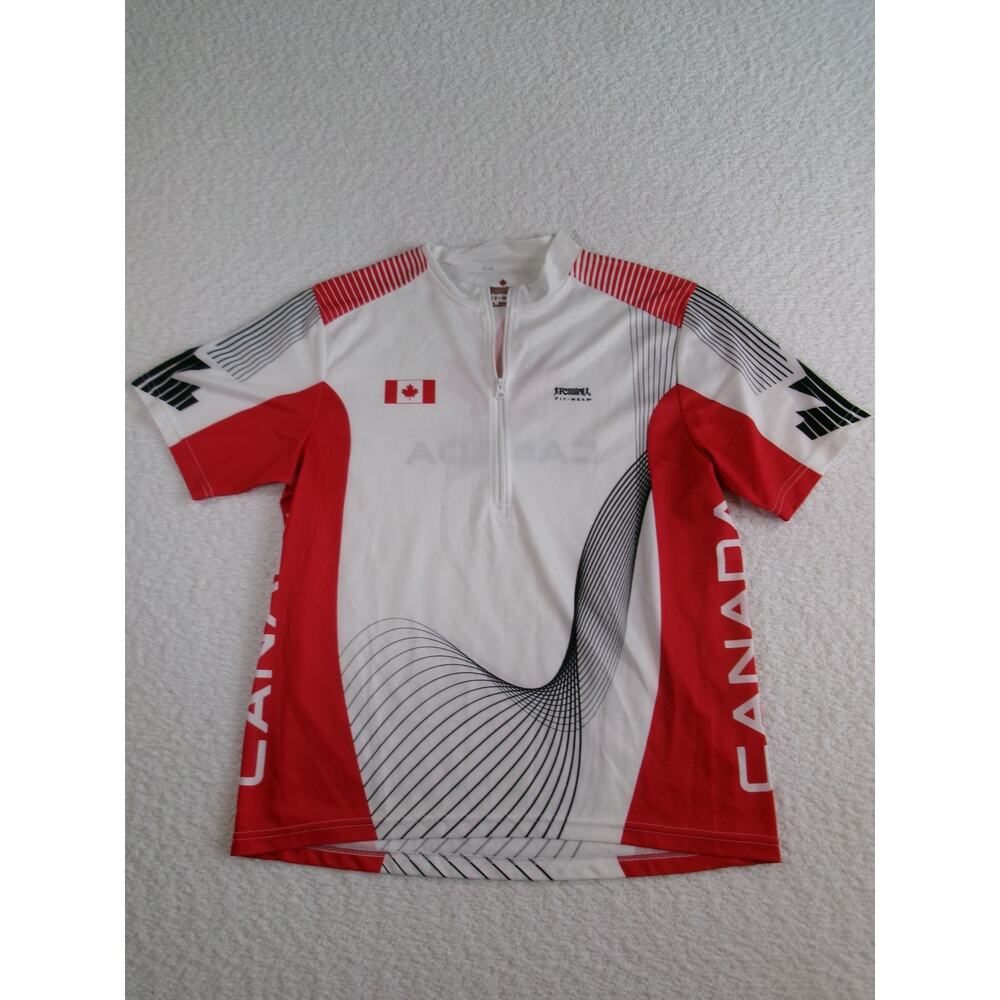 Running room Canada mens running shirt white and red size med 1/4 zip running